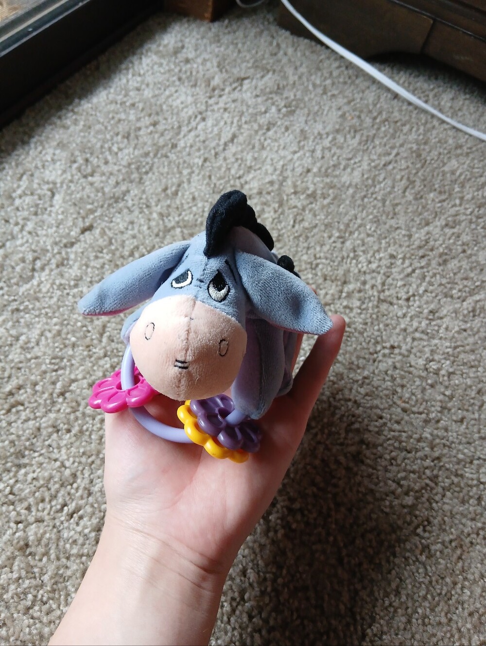 Vintage Eeyore Plush Baby Teether Rattle - Gray & Pink Y2K Winnie the Pooh